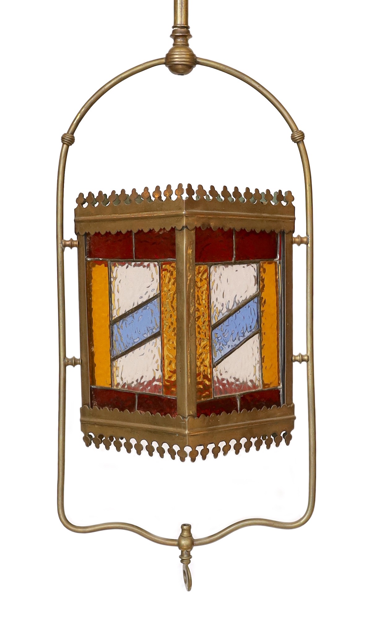 A Victorian brass and stained glass hall lantern, height 110cm. width 28cm